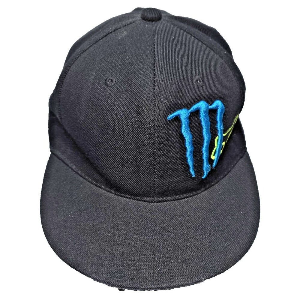 MONSTER ENERGY Fox Racing Fitted Hat Cap Black/Blue/Green Logo Size 7 1/4 58CM